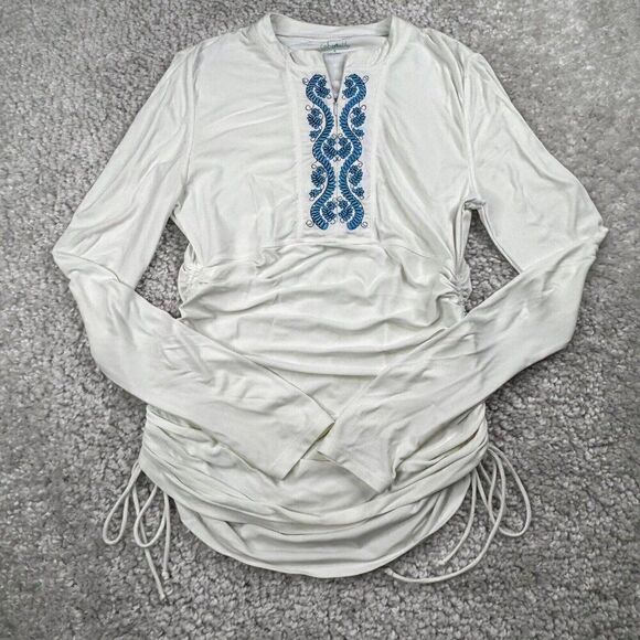 CabanaLife Ruched Rashguard Swim Cover Up White Blue - Picture 1 of 6